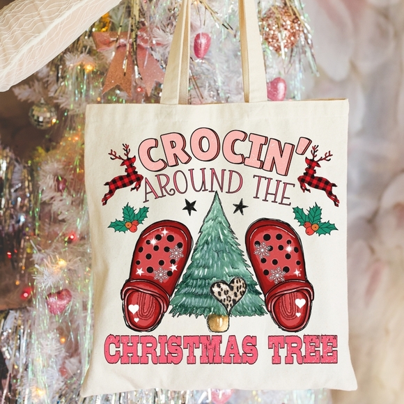 Christmas Crocin Around The Tree Funny Natural Cotton Canvas Tote - Picture 1 of 2